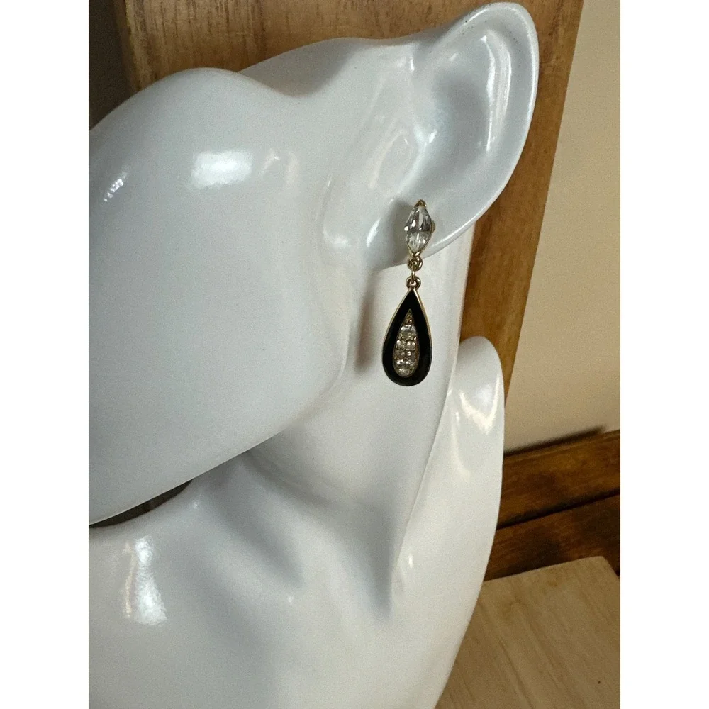 Gold Tone Black Enamel and Crystal Teardrop‎ Drop Earrings Marquise Stud